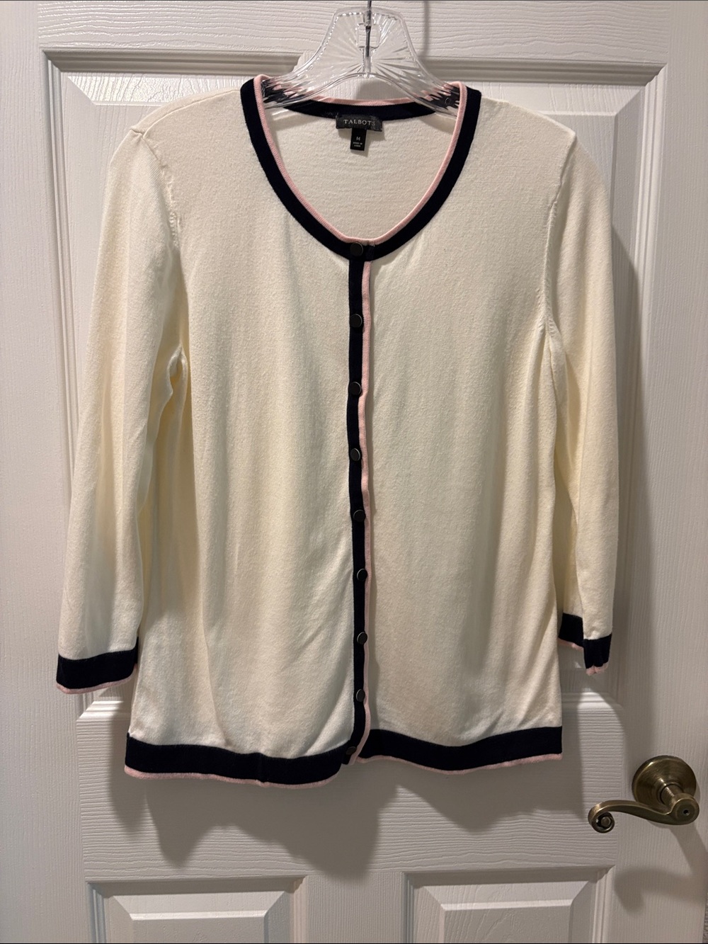 Talbots Cream Cardigan with Navy and Pink Trim